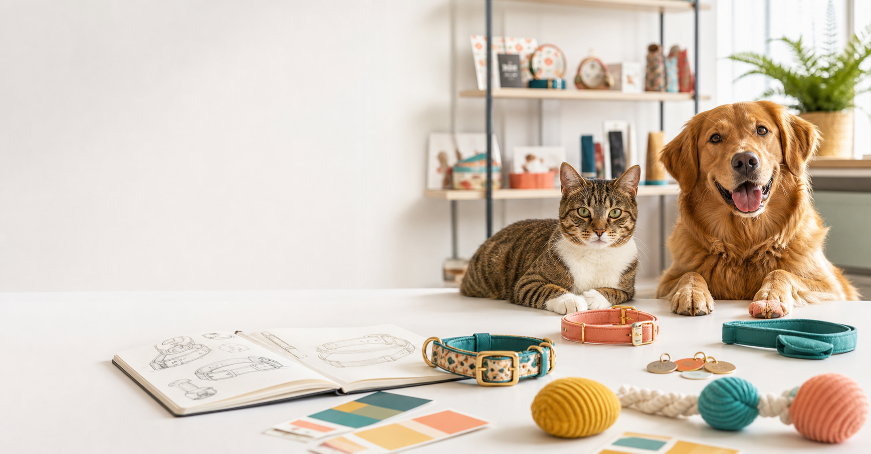 A dog, a cat, and designer pet accessories in a bright studio